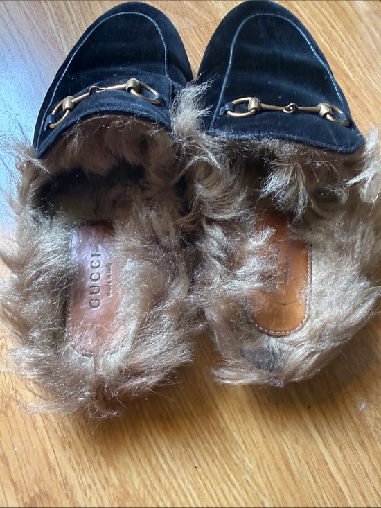 Gucci Shoes - Gucci Black Suede Fur-Lined Horsebit Mules